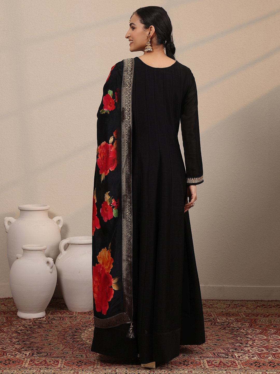 Embroidered Silk Blend A-Line Gown with Dupatta
