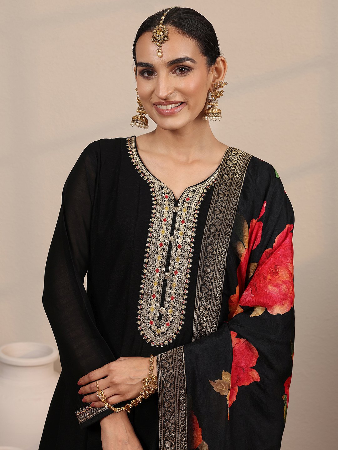 Embroidered Silk Blend A-Line Gown with Dupatta