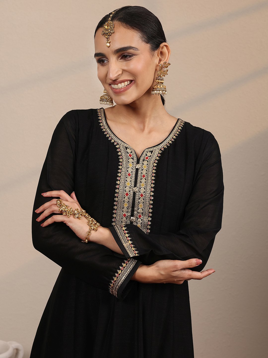 Embroidered Silk Blend A-Line Gown with Dupatta