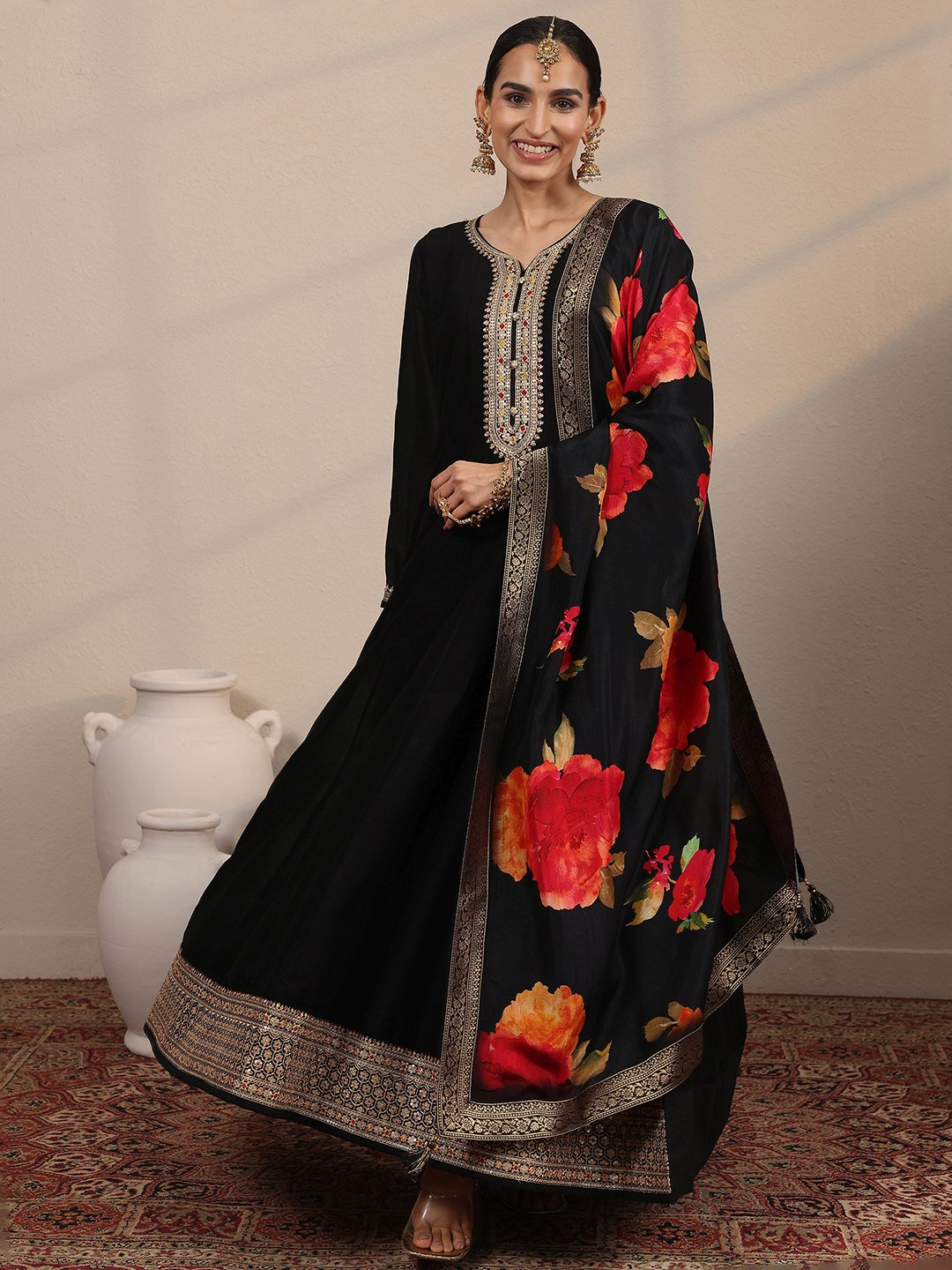 Embroidered Silk Blend A-Line Gown with Dupatta