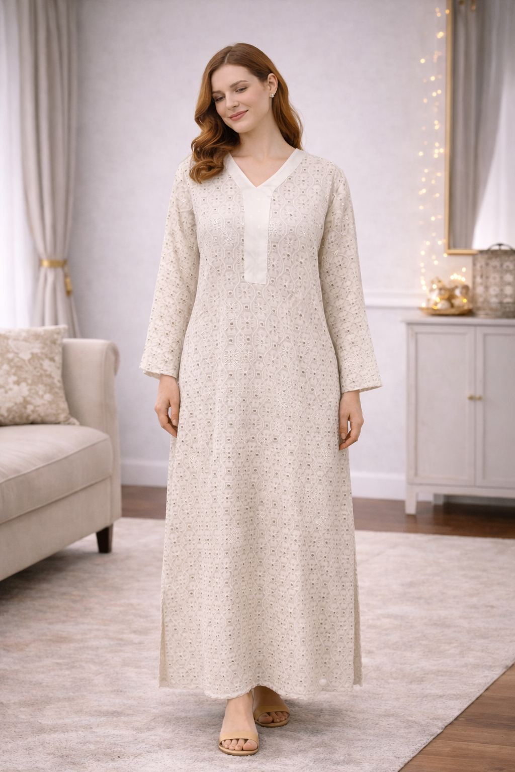 Ivory Chikankari Style Jalabiya with Mirror Work