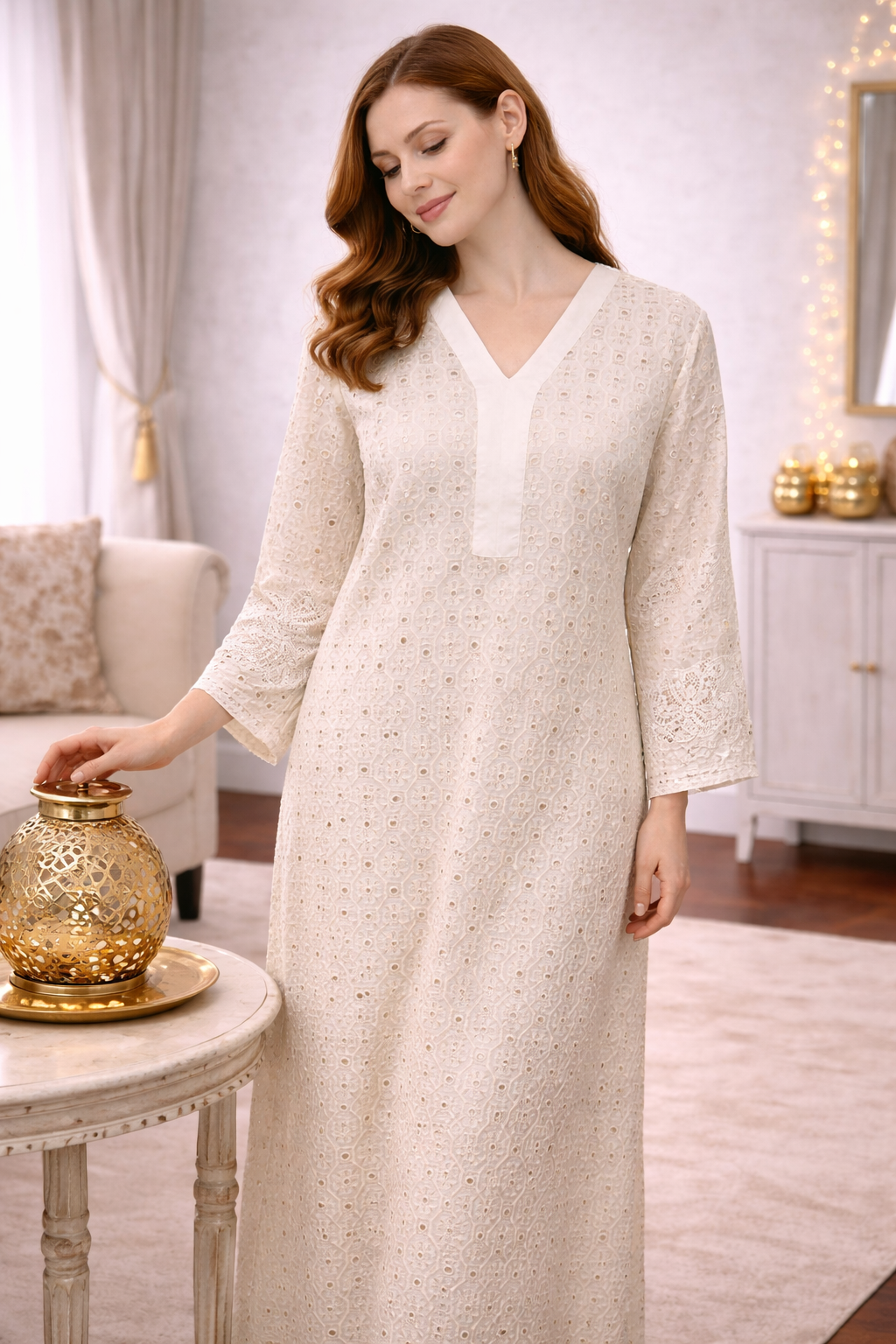 Ivory Chikankari Style Jalabiya with Mirror Work