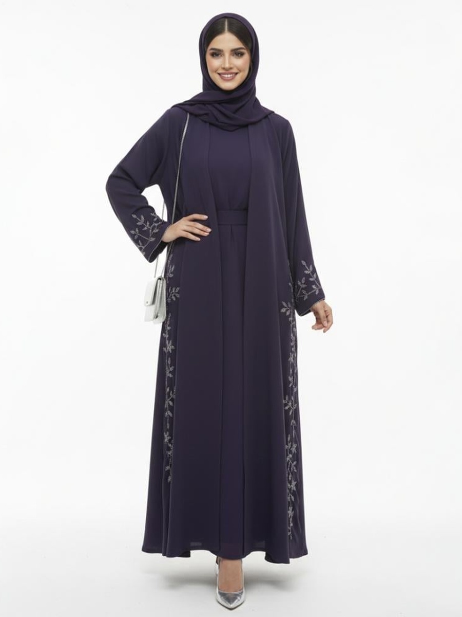 عباية بأكمام طويلة مزينة لون أرجواني