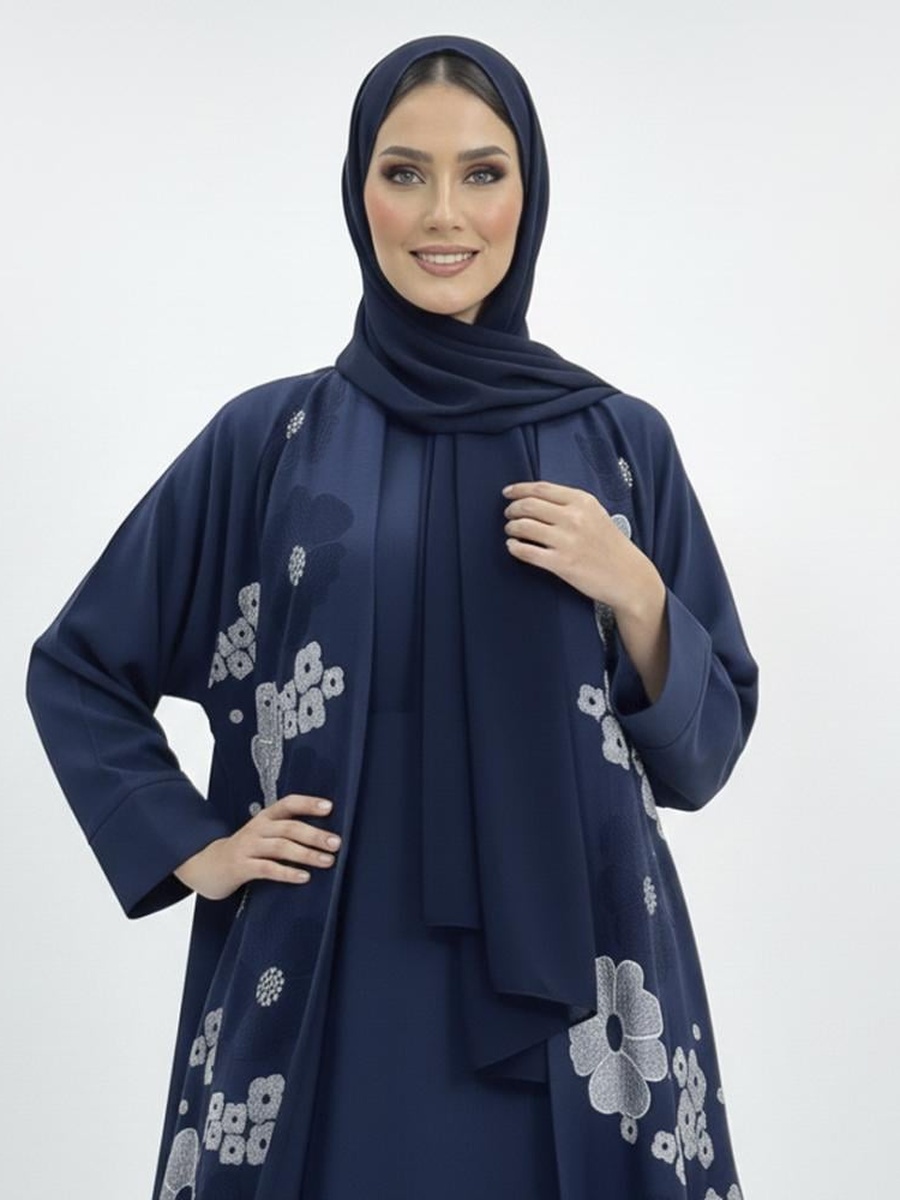 Blue Floral Embroidered Flared Abaya