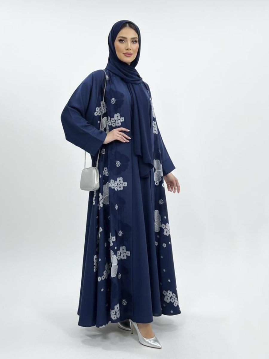 Blue Floral Embroidered Flared Abaya