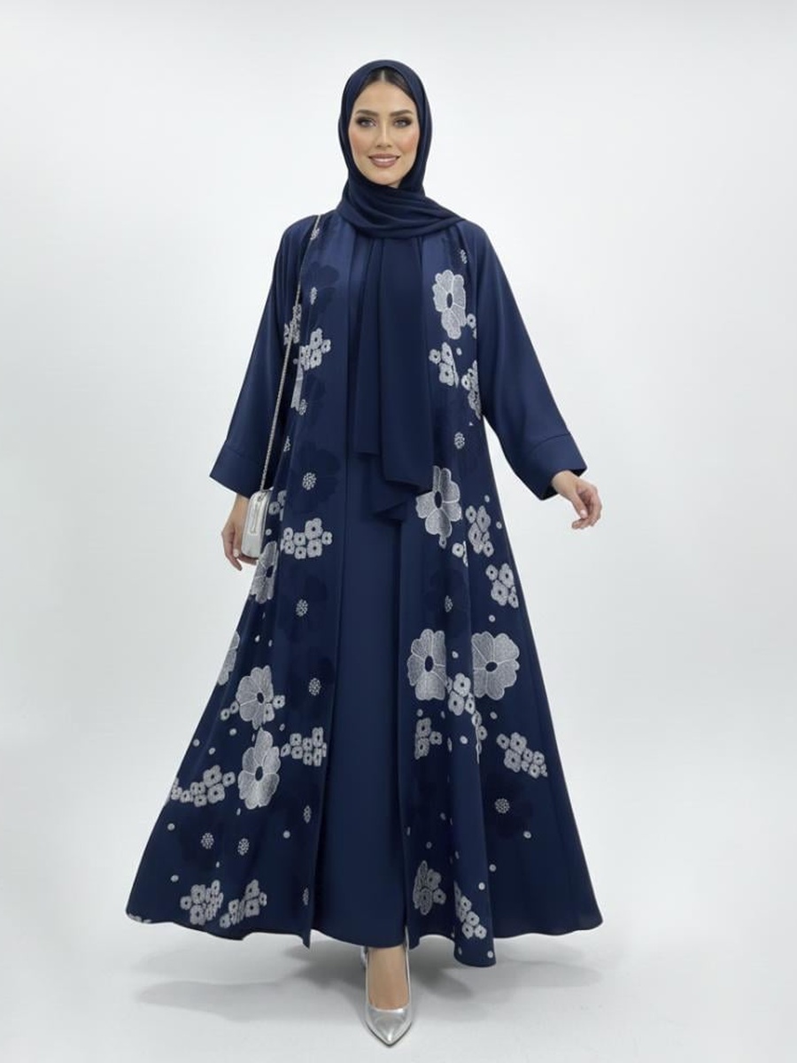 Blue Floral Embroidered Flared Abaya