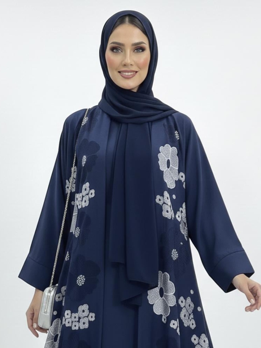 Blue Floral Embroidered Flared Abaya