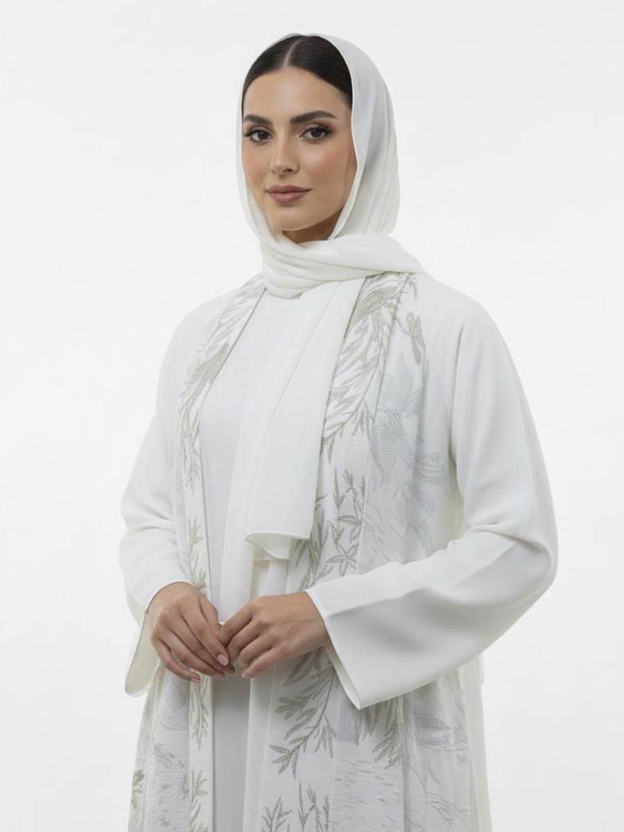 White Safaa Embroidered Long Sleeve Abaya