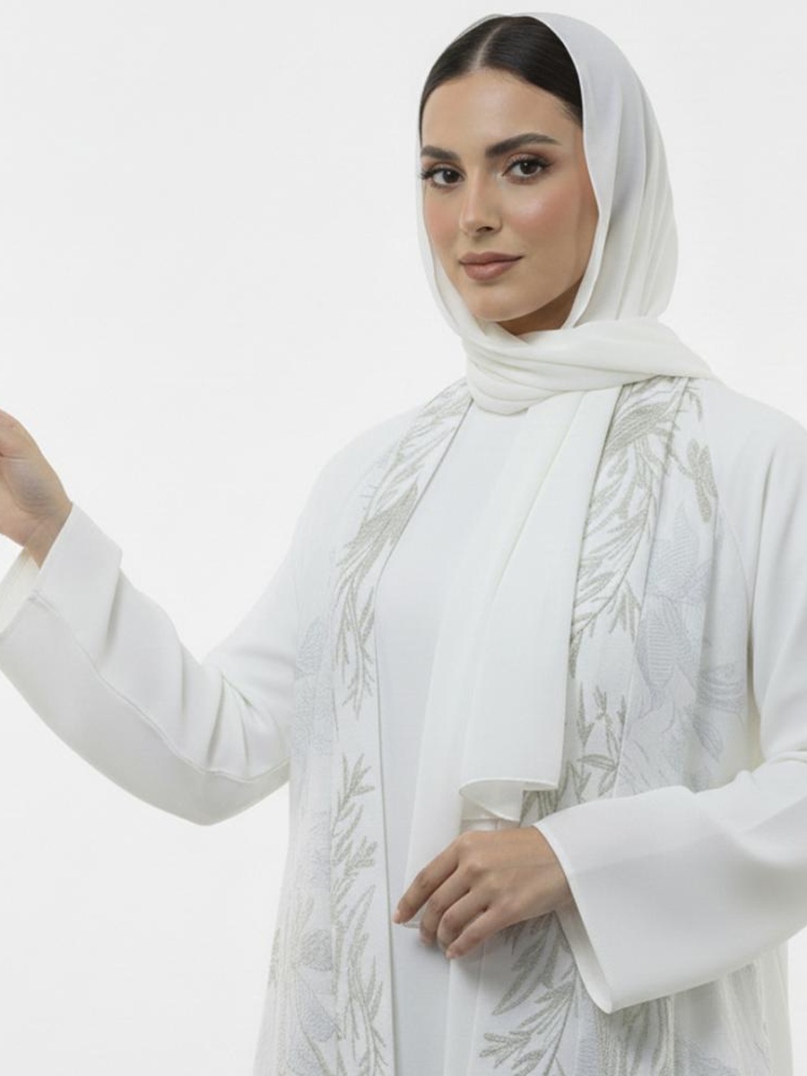 White Safaa Embroidered Long Sleeve Abaya