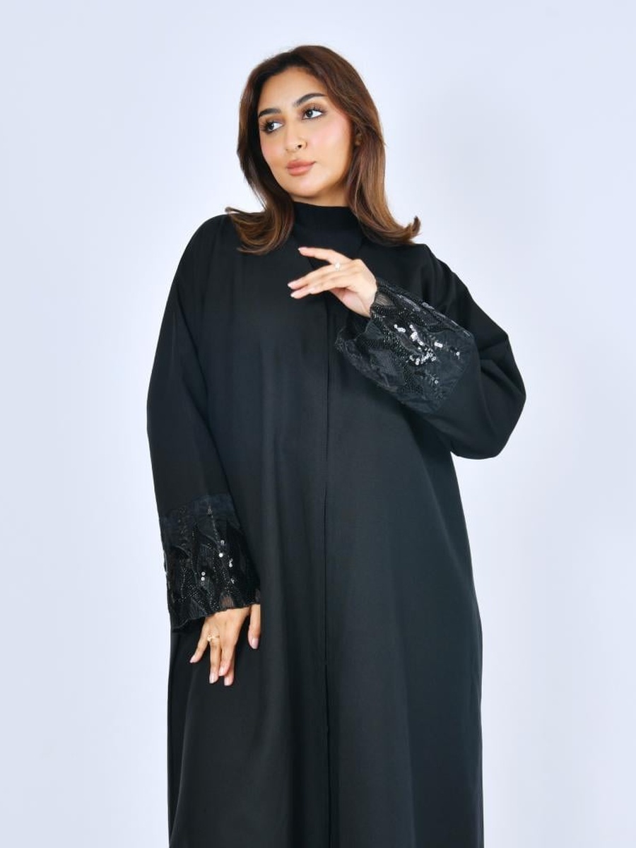 Black Sequin Lace Sleeves Abaya