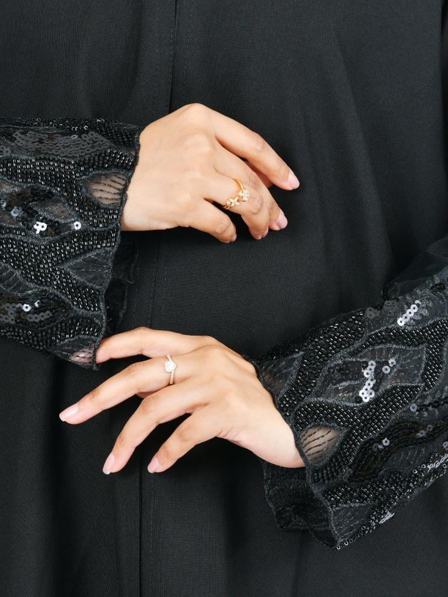 Black Sequin Lace Sleeves Abaya
