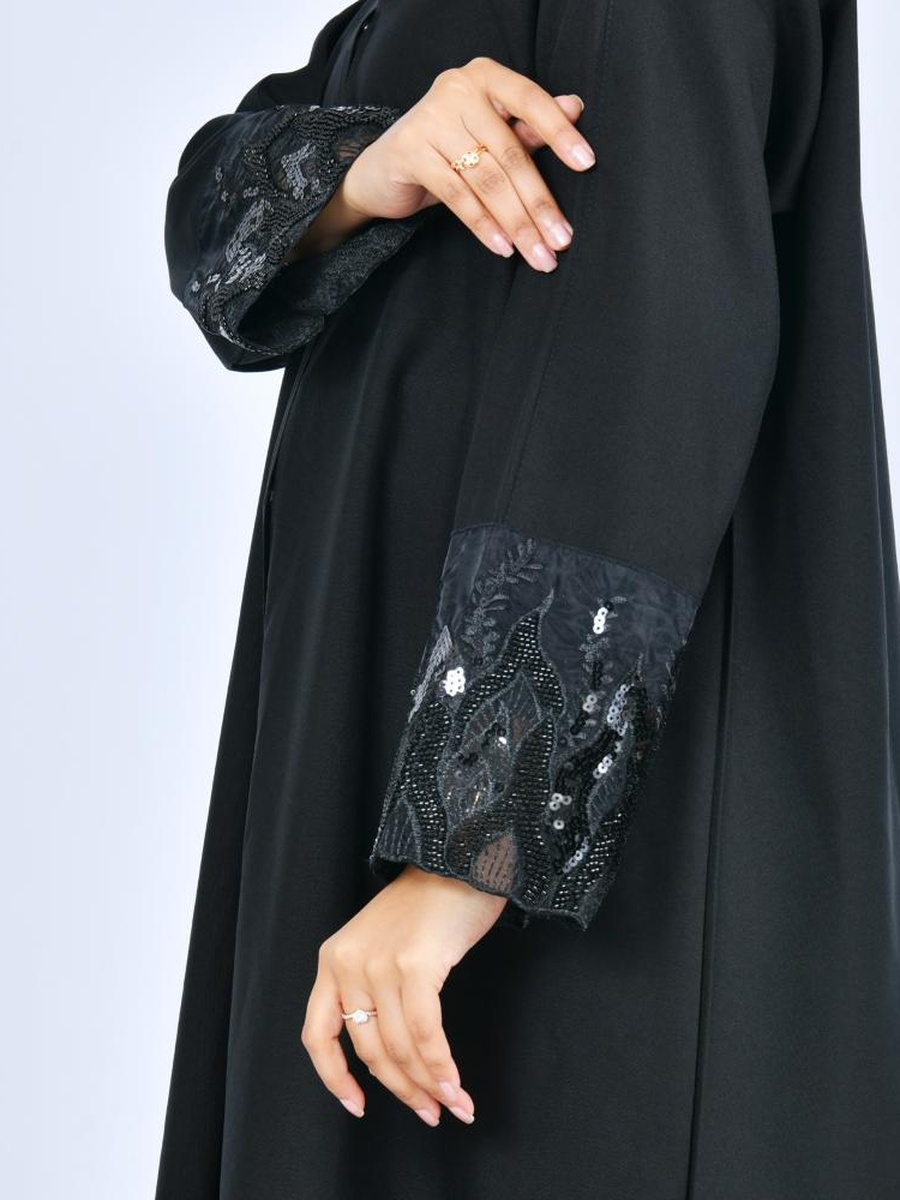 Black Sequin Lace Sleeves Abaya