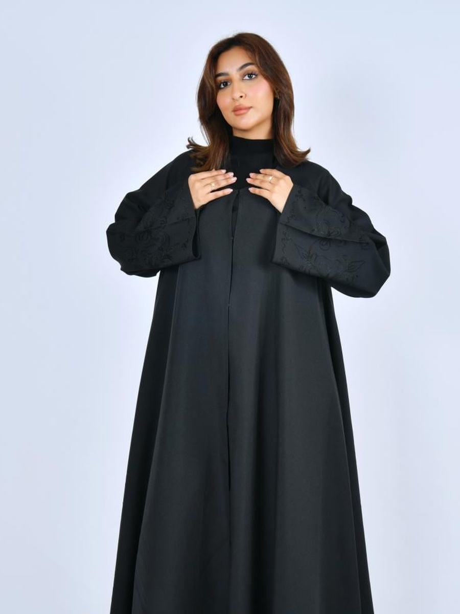 Black Double-Layered Abaya with Embroidery