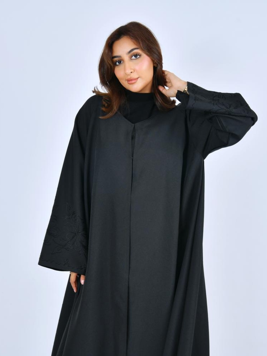 Black Double-Layered Abaya with Embroidery