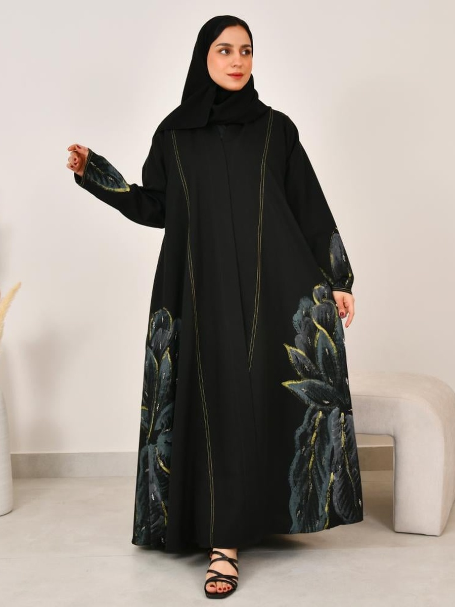عباية واسعة بطبعة زهور - أسود