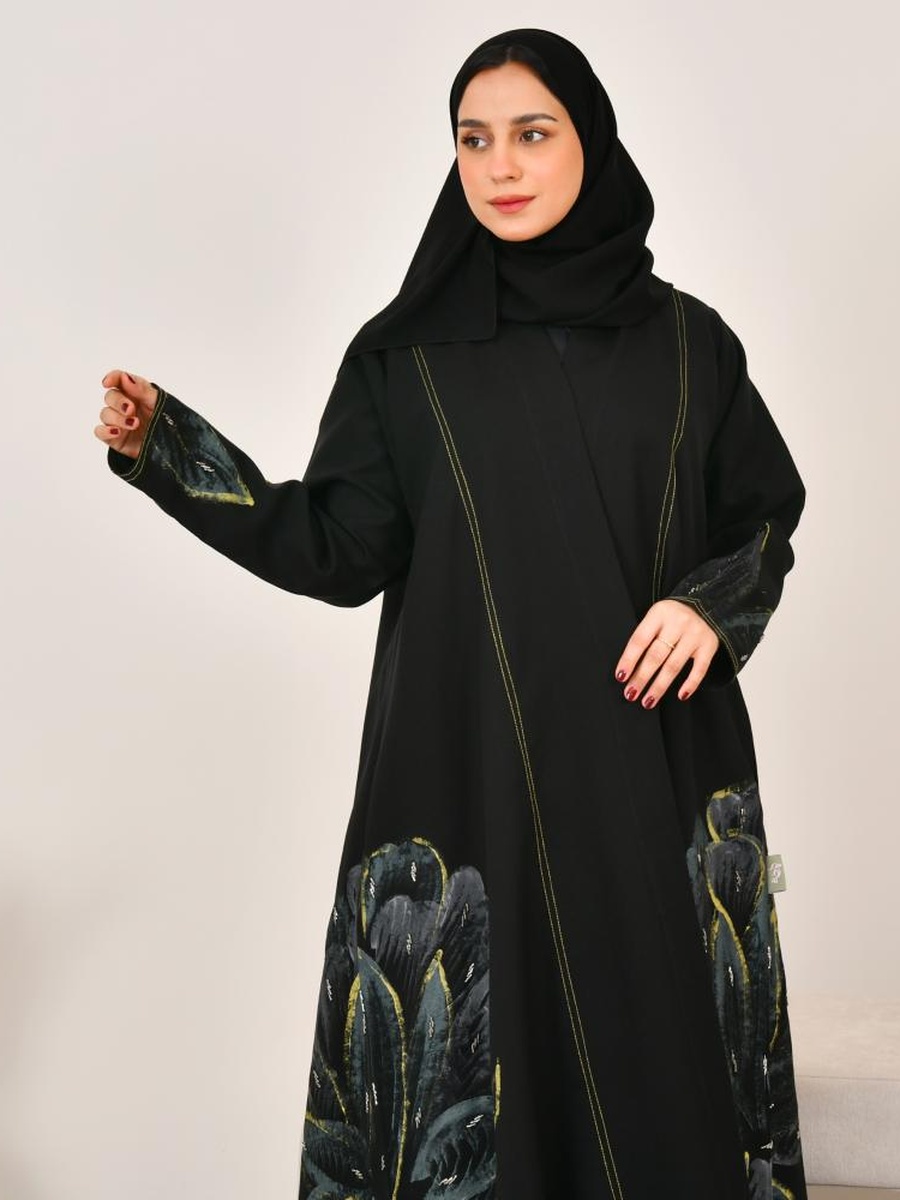 عباية واسعة بطبعة زهور - أسود