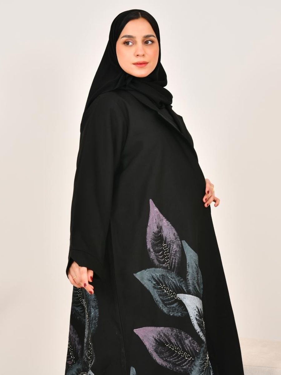 عباية واسعة بطبعة بارزة - أسود