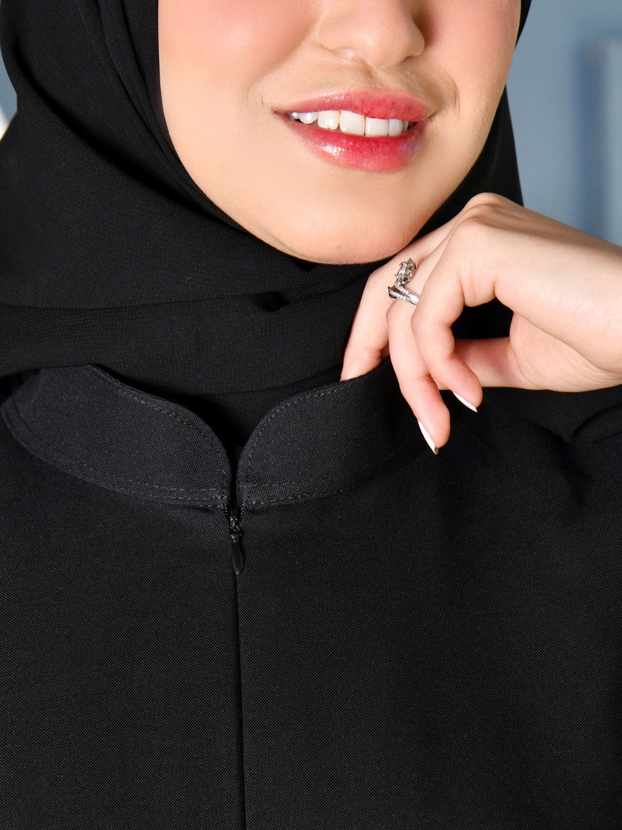 Black Stand Collar Abaya with Concealed Zip