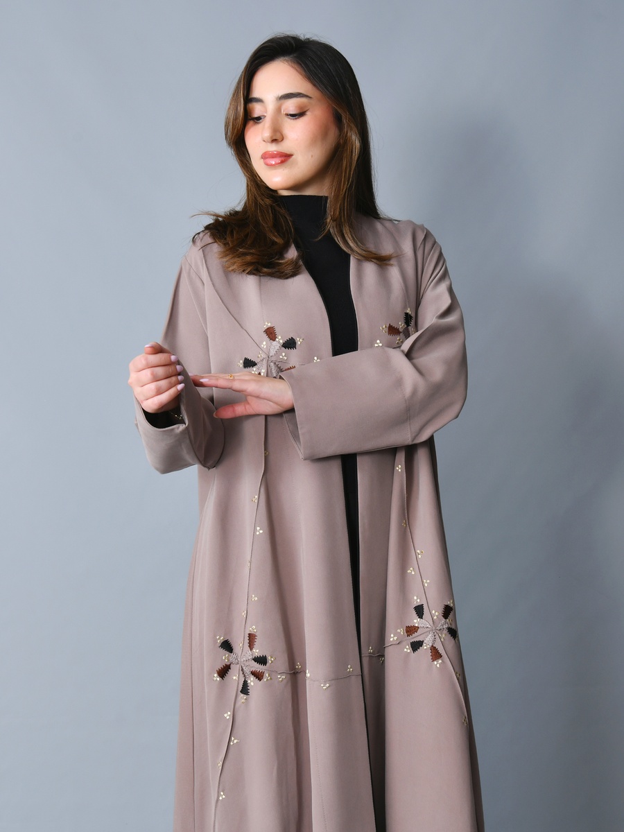 Beige Embroidered Front Open Abaya