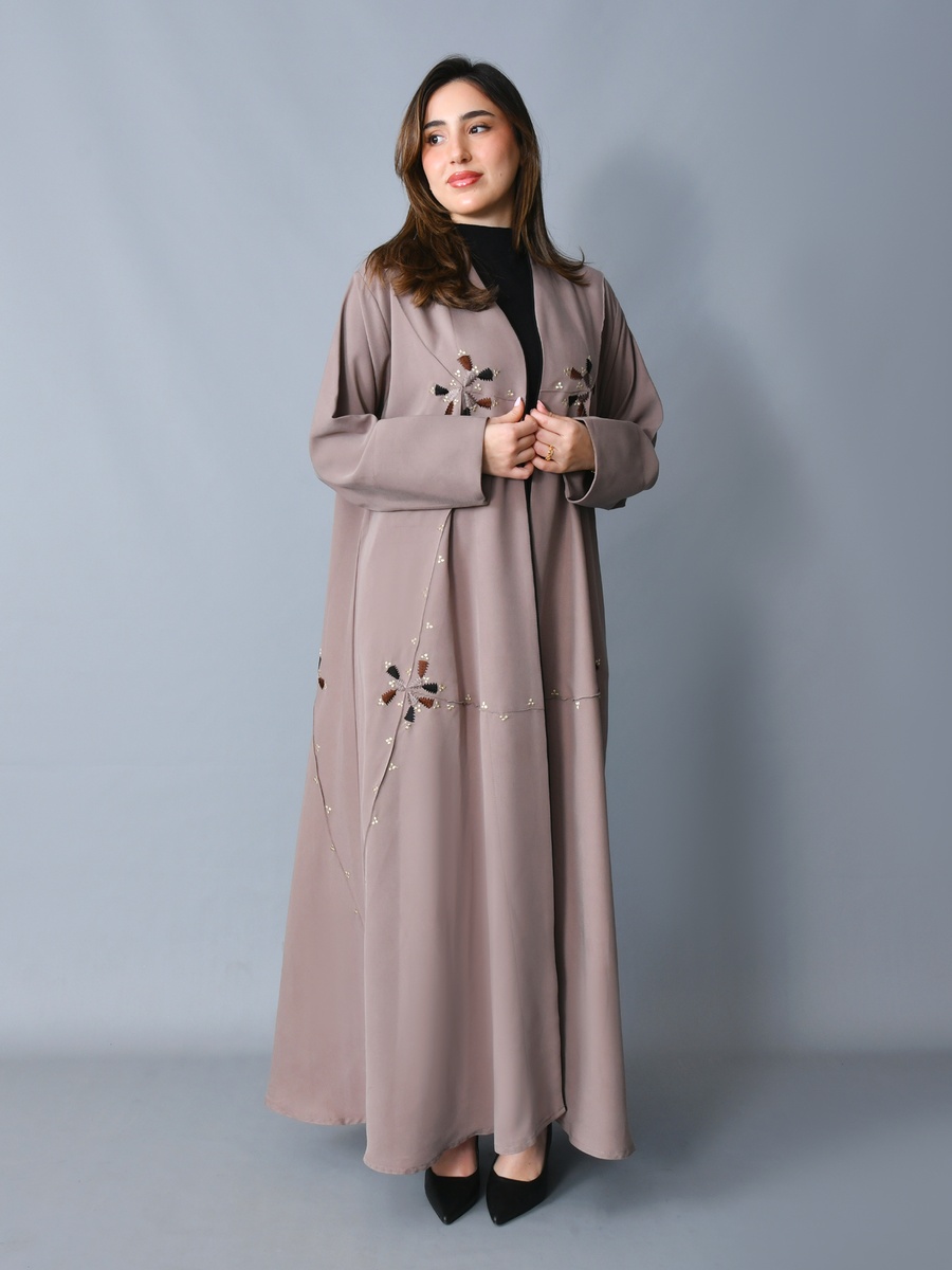 Beige Embroidered Front Open Abaya