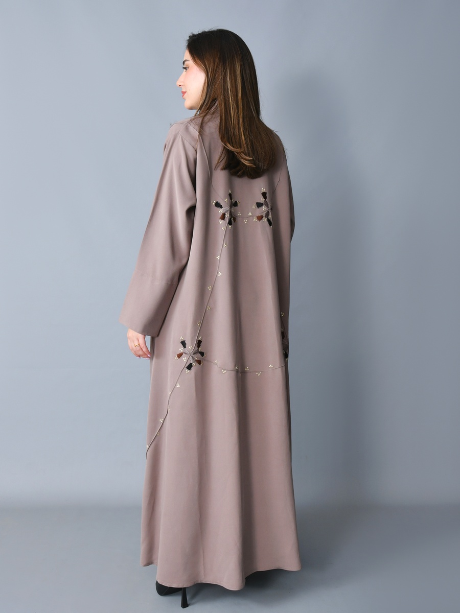 Beige Embroidered Front Open Abaya