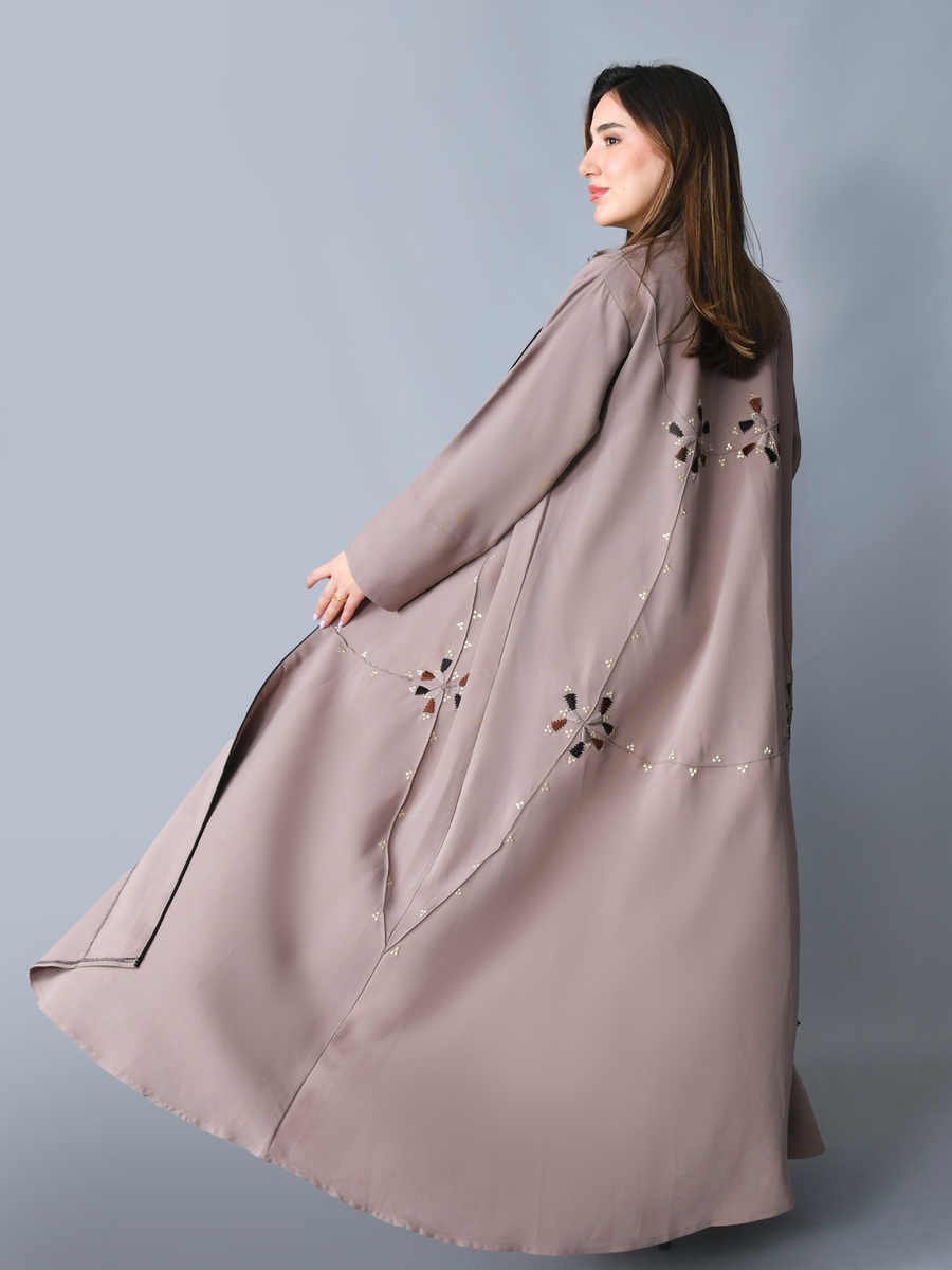 Beige Embroidered Front Open Abaya