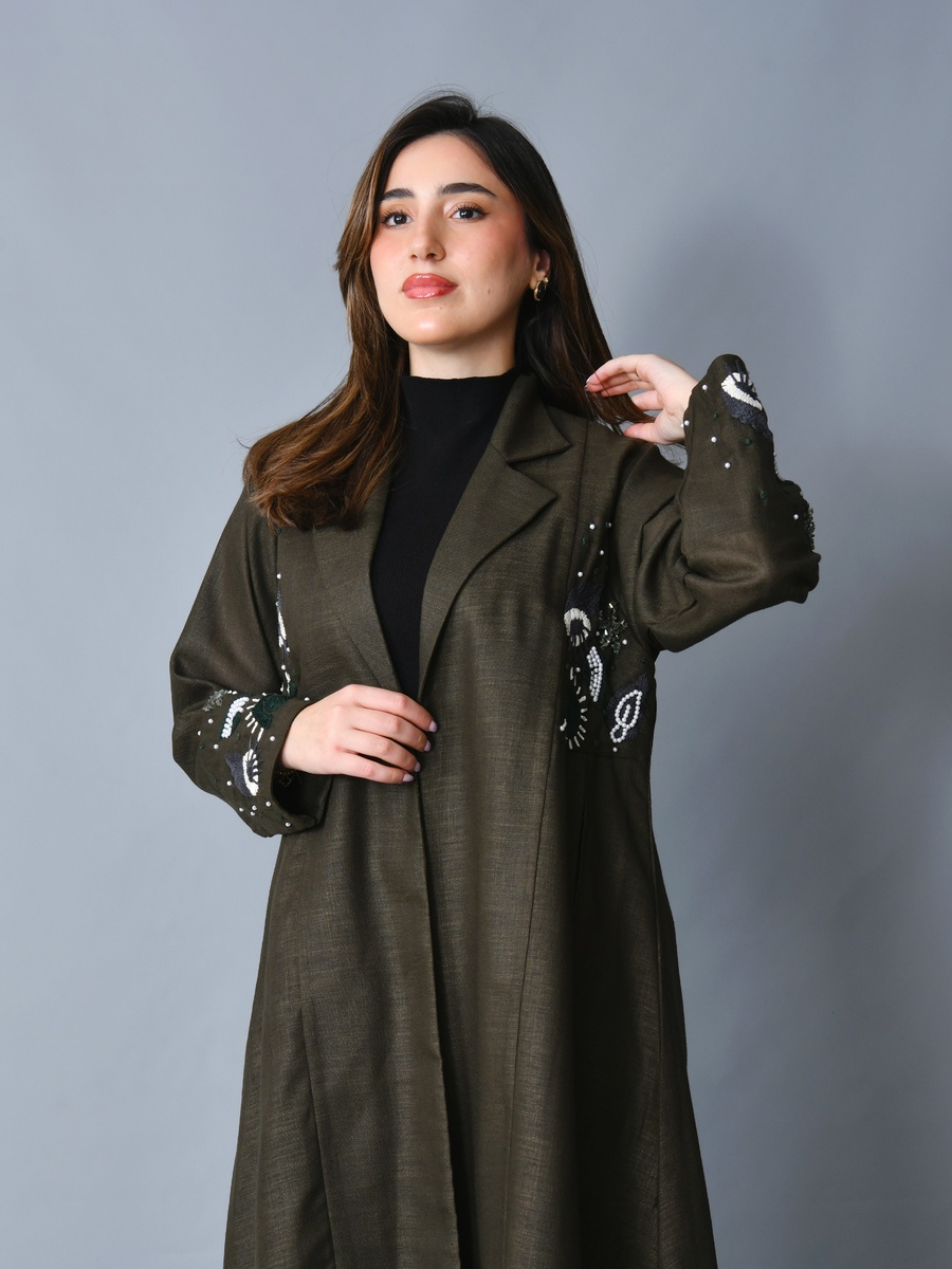 Olive Embellished Blazer-Style Abaya