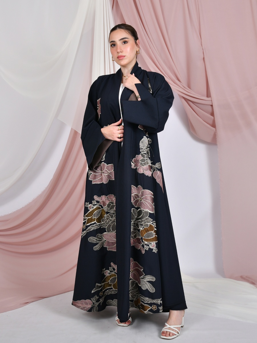 Navy Blue Floral Print Abaya
