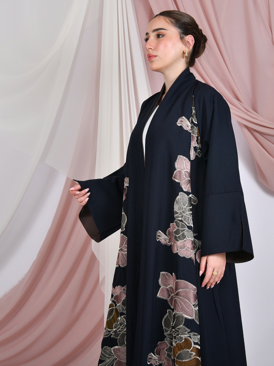 Navy Blue Floral Print Abaya