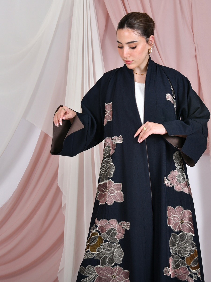 Navy Blue Floral Print Abaya