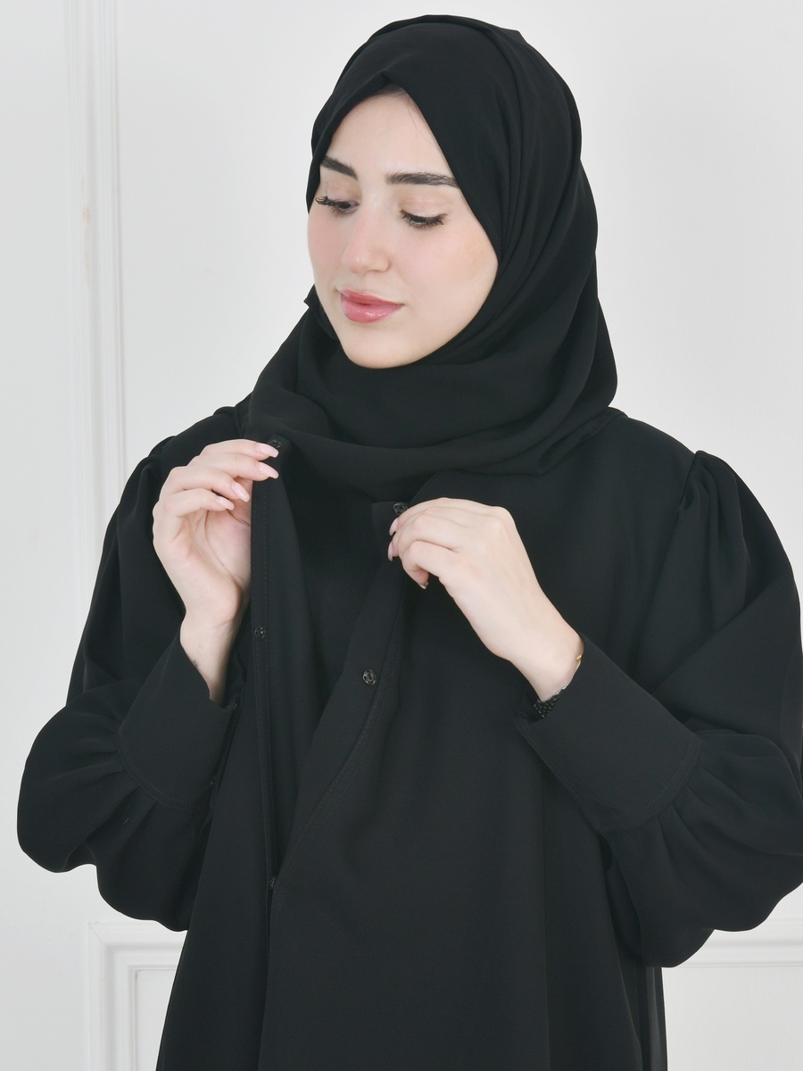 Solid Cuffed Sleeves Abaya with Snap Button
