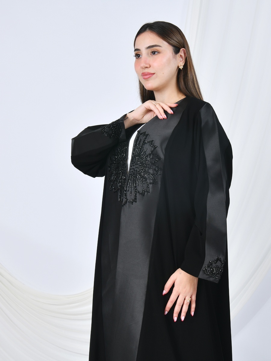 Beaded Floral Accents Front Open Abaya