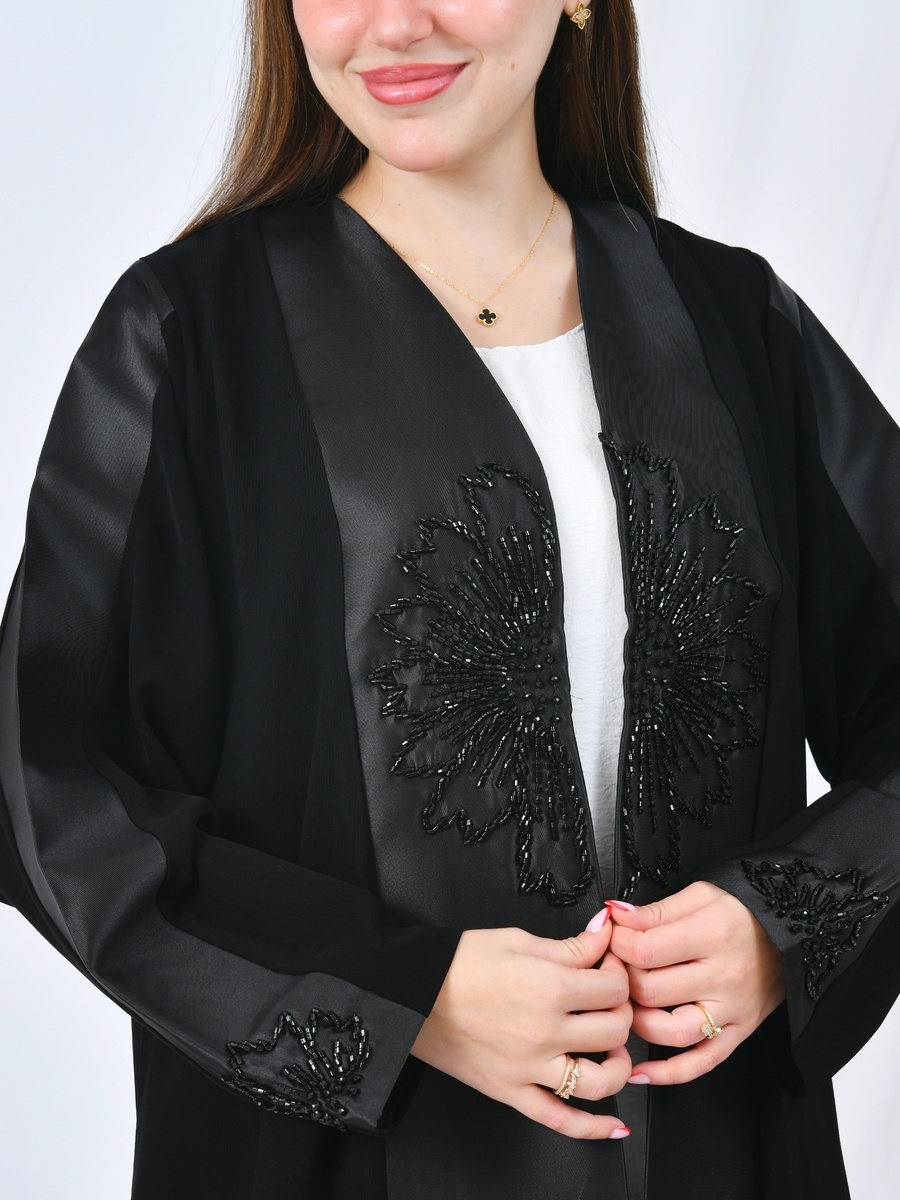 Beaded Floral Accents Front Open Abaya