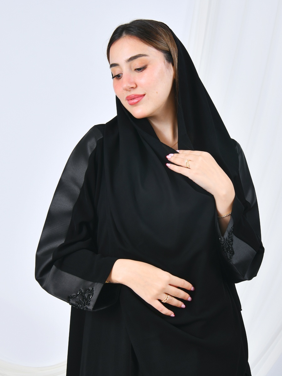 Beaded Floral Accents Front Open Abaya