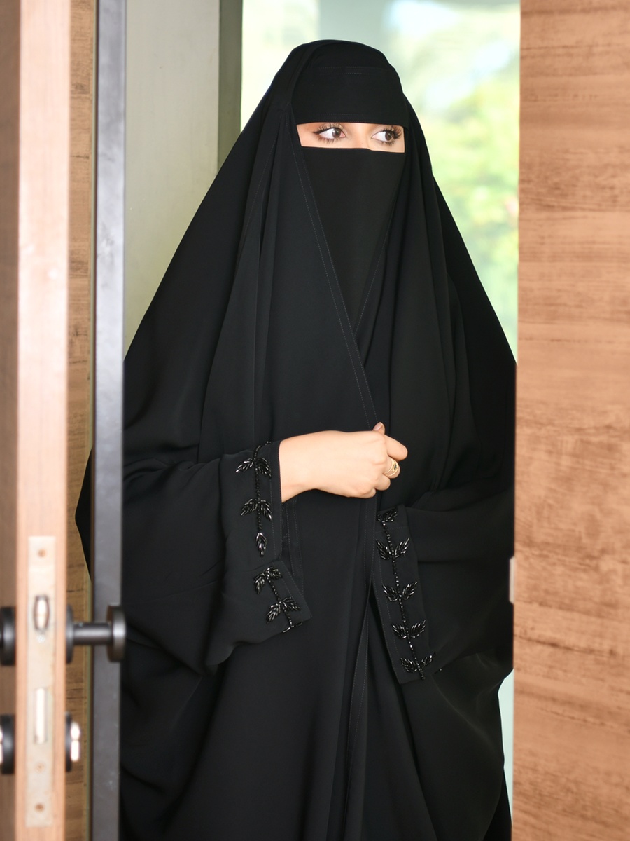 Black Head Wrap Abaya with Beadwork