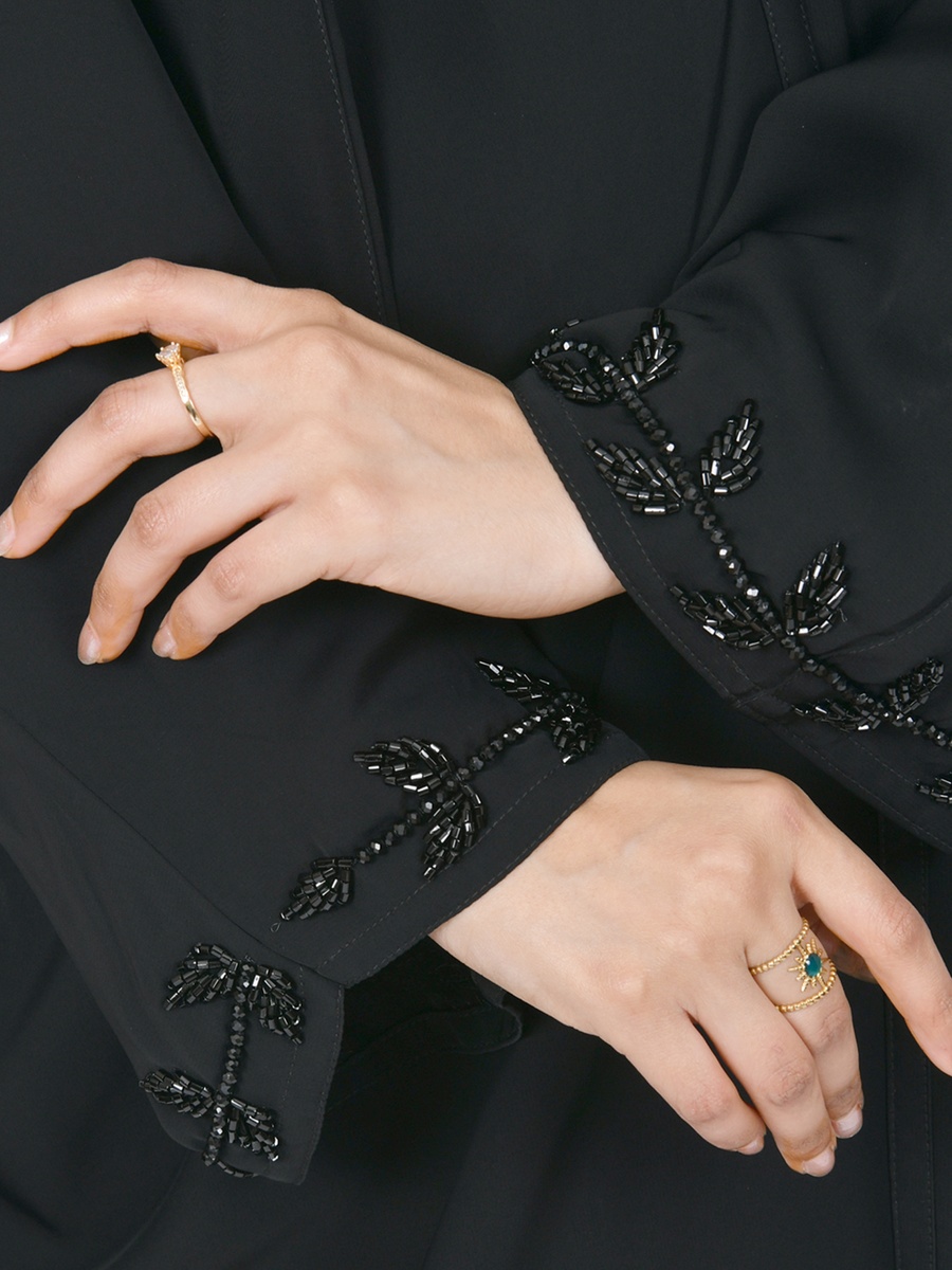 Black Head Wrap Abaya with Beadwork