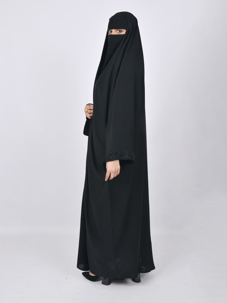 Black Head Wrap Abaya with Beadwork