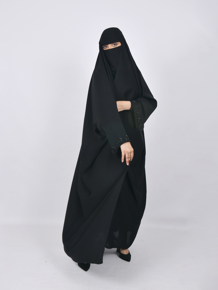 Black Head Wrap Abaya with Beadwork