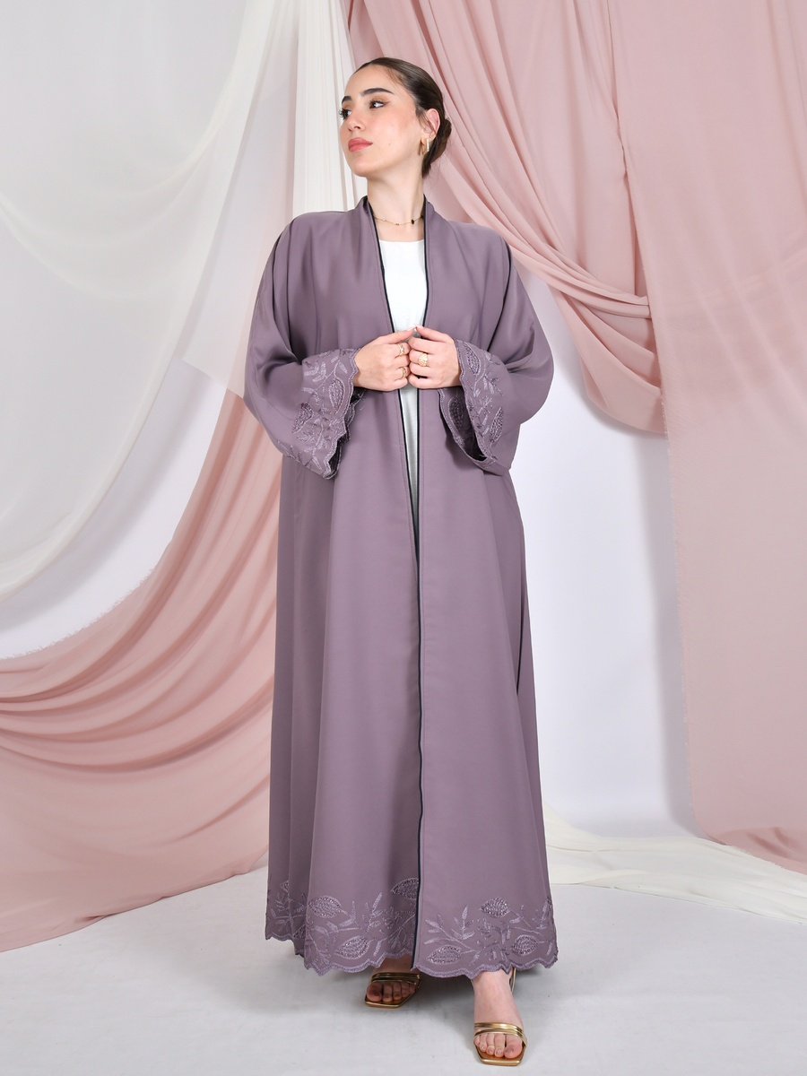 Purple Front Open Embroidered Abaya