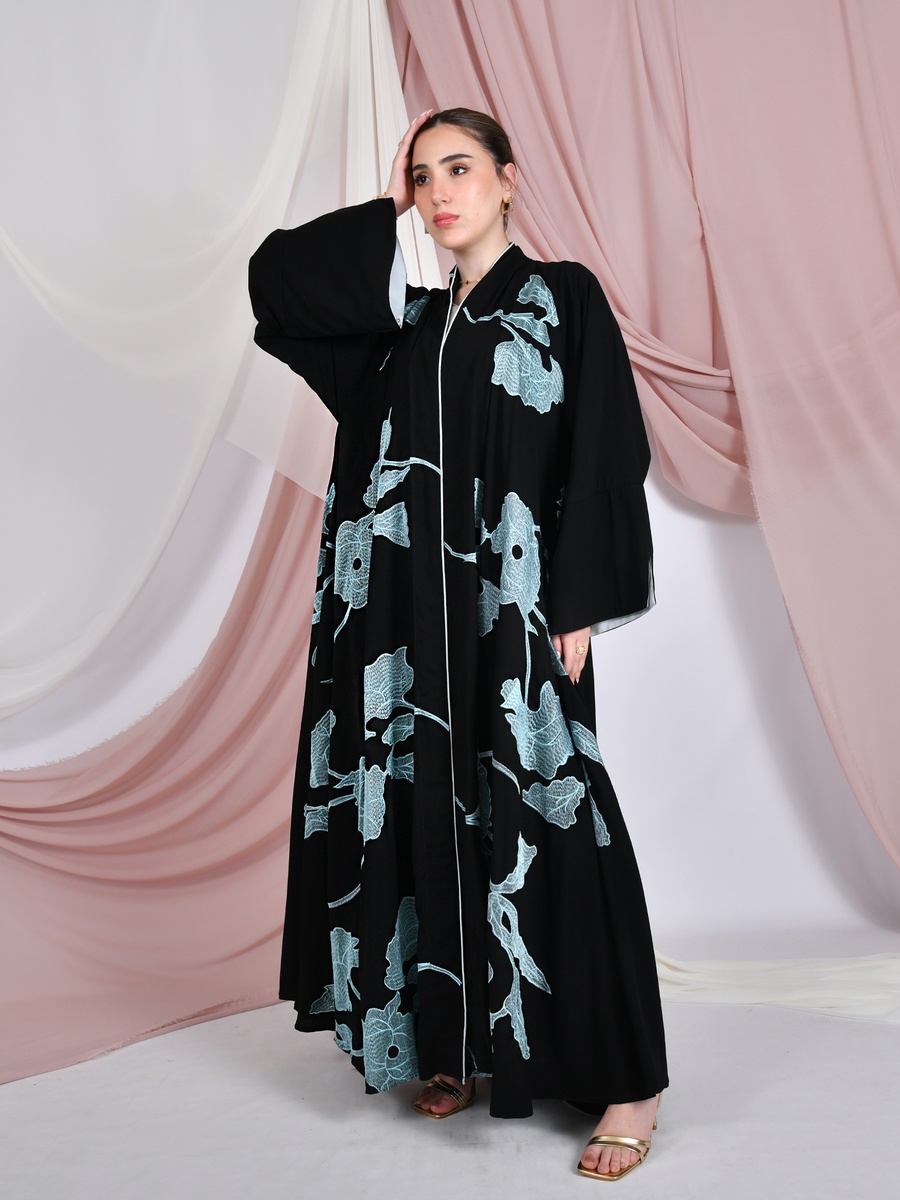 Black Wrap Abaya with Embroidery