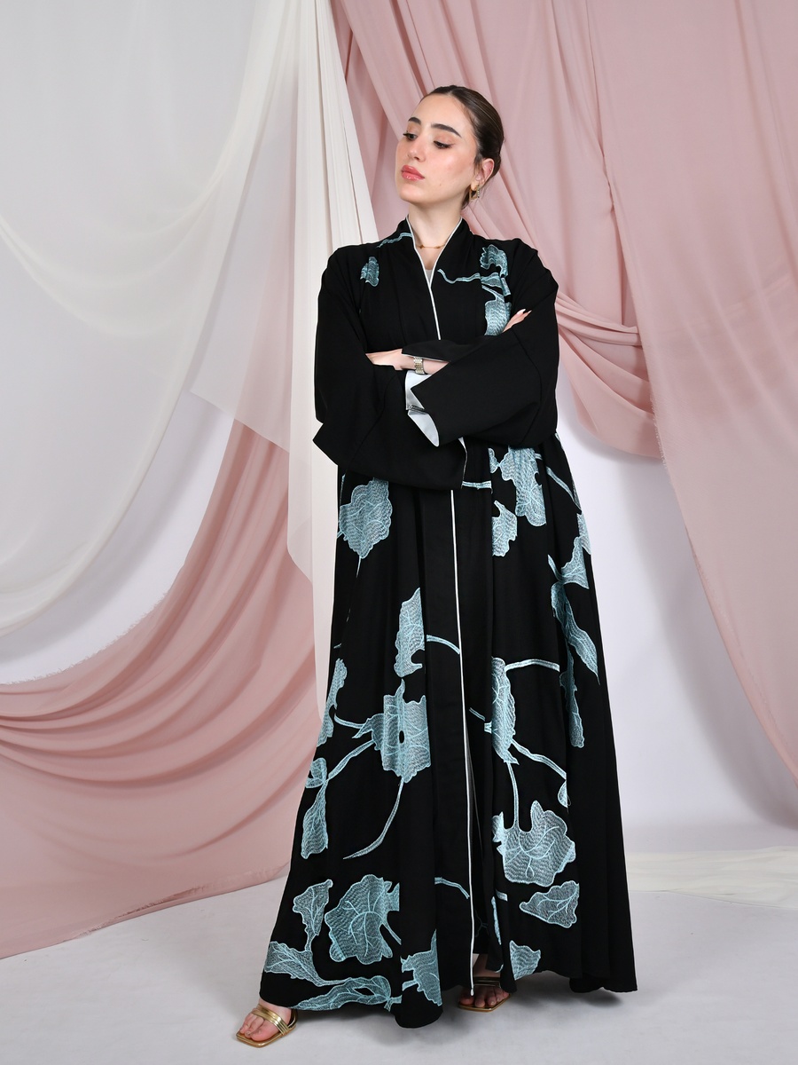 Black Wrap Abaya with Embroidery
