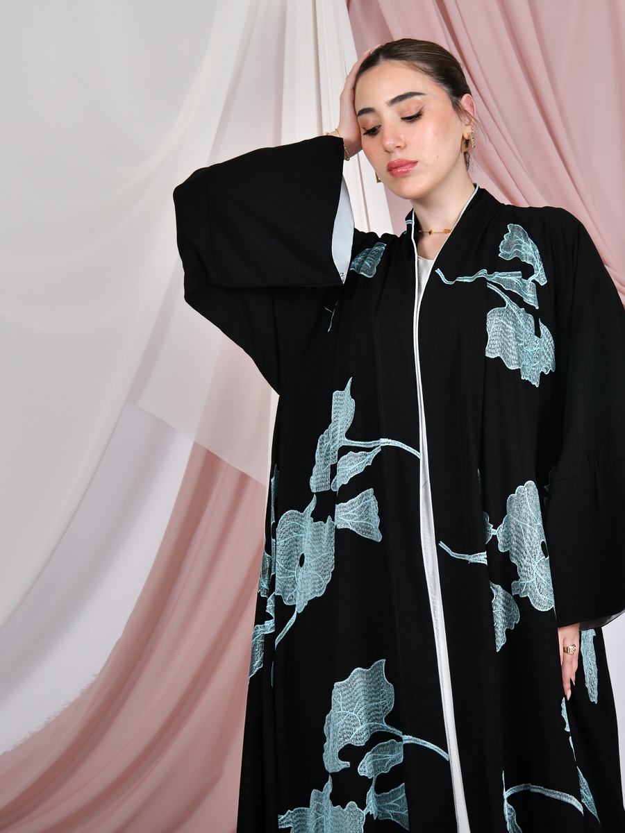 Black Wrap Abaya with Embroidery