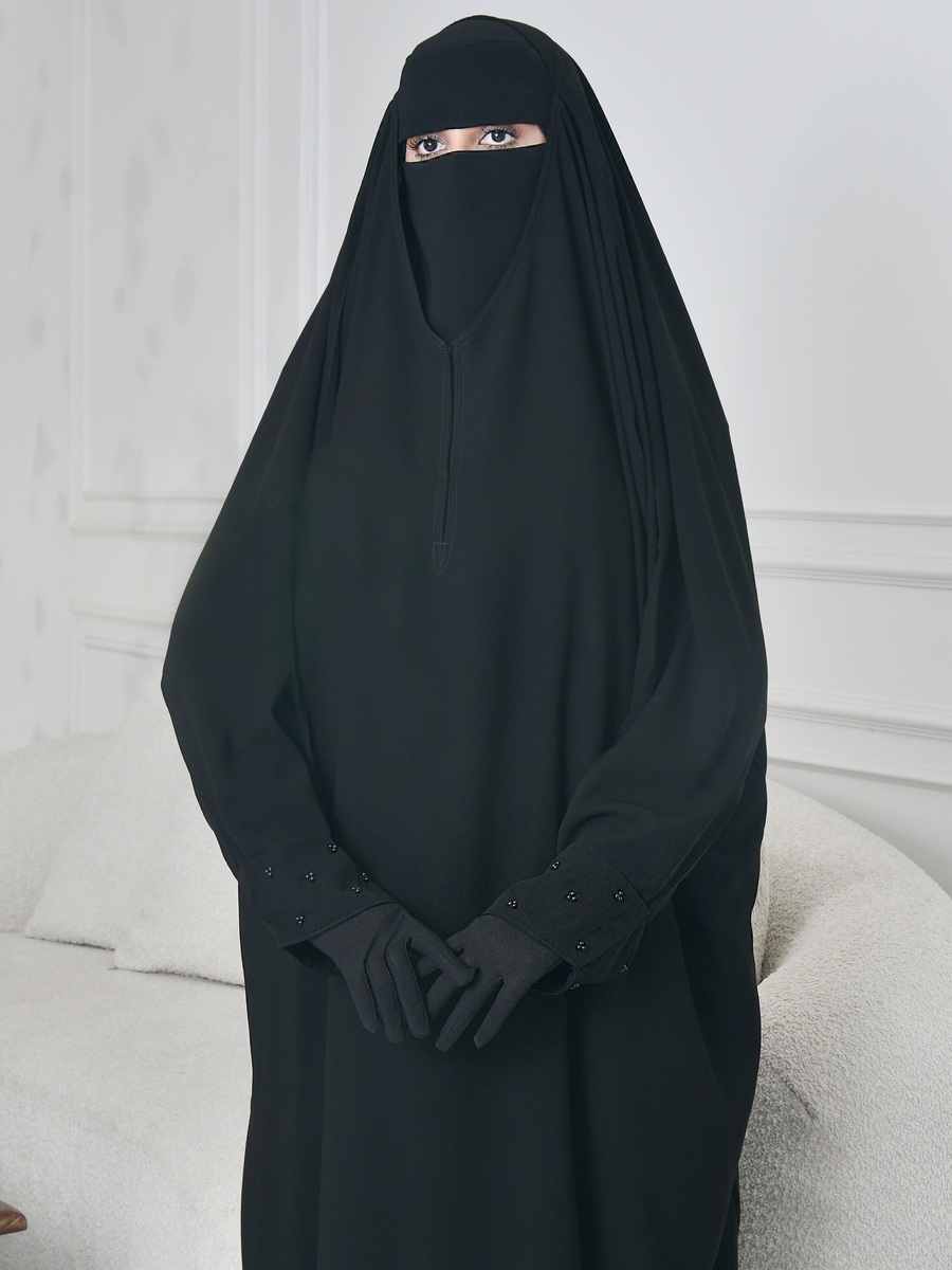 Black Head-Covering Abaya with Snap Closure