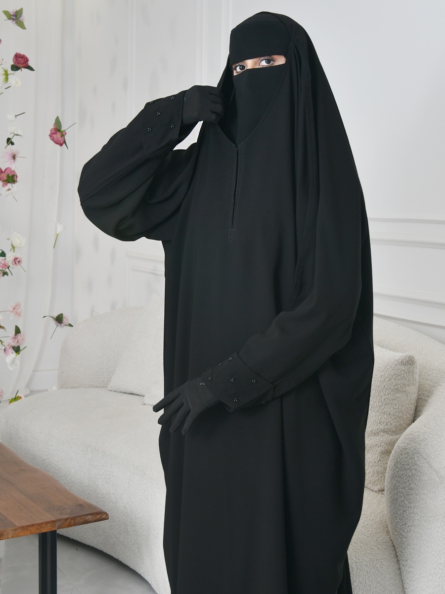 Black Head-Covering Abaya with Snap Closure