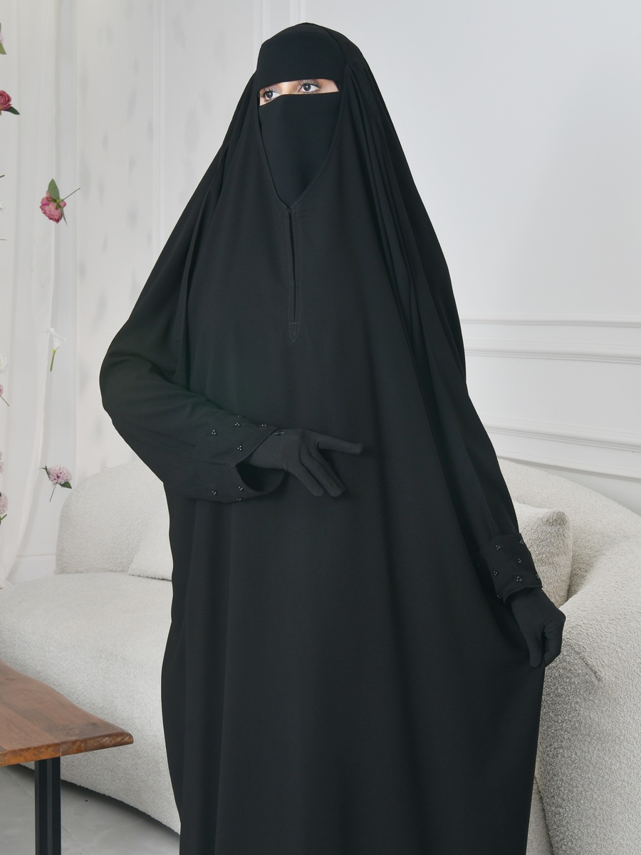 Black Head-Covering Abaya with Snap Closure