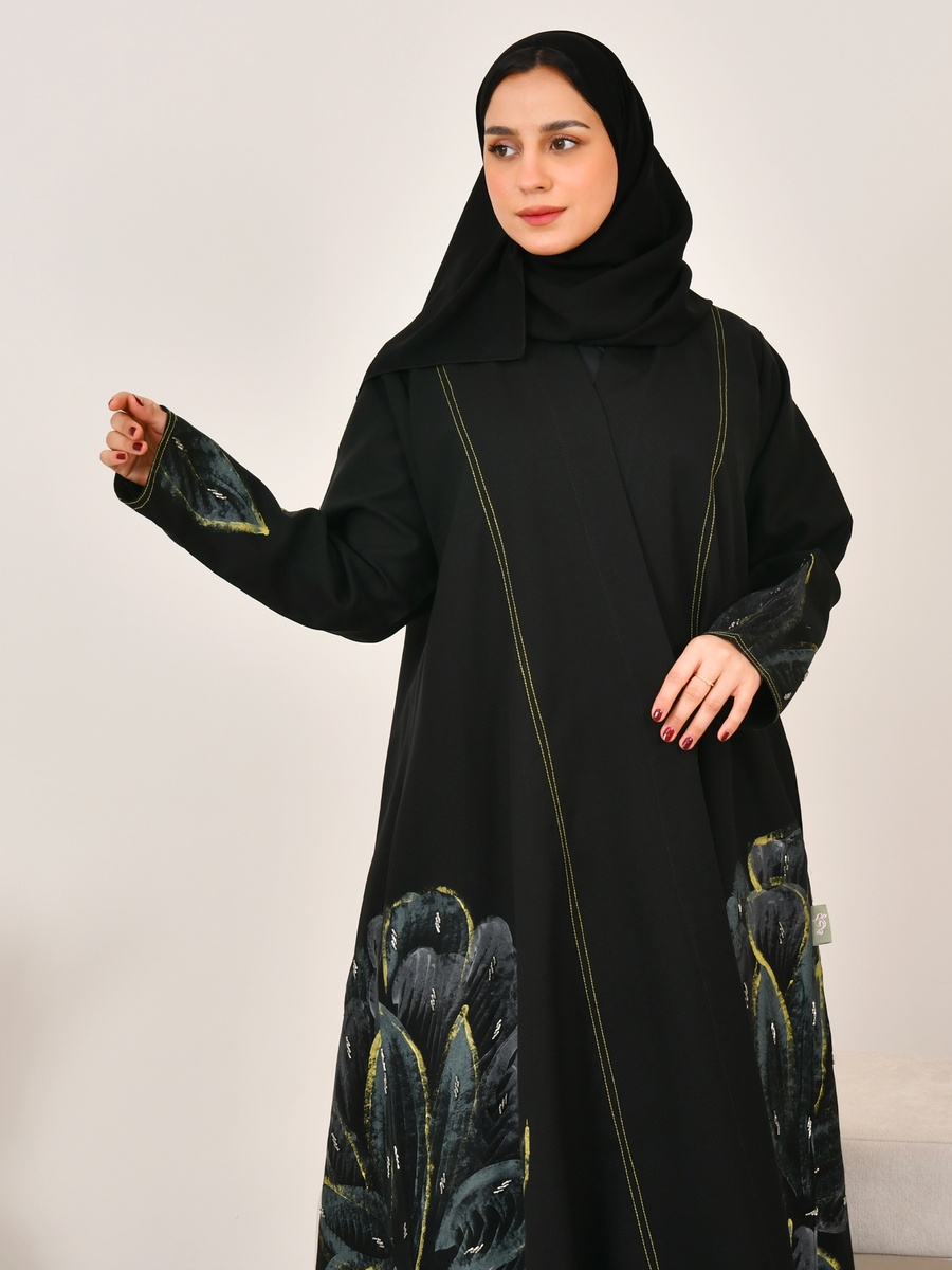 Black Floral Print Abaya