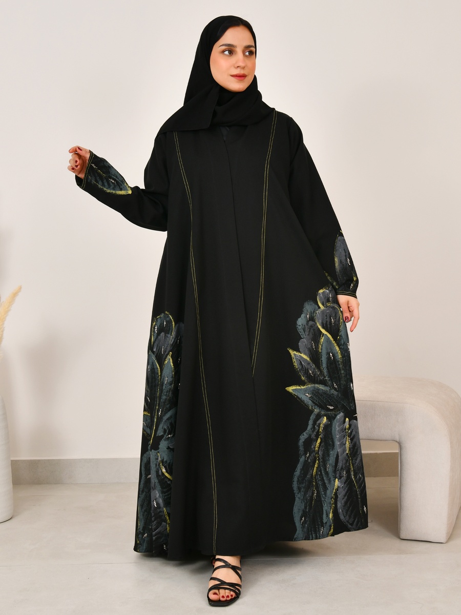 Black Floral Print Abaya