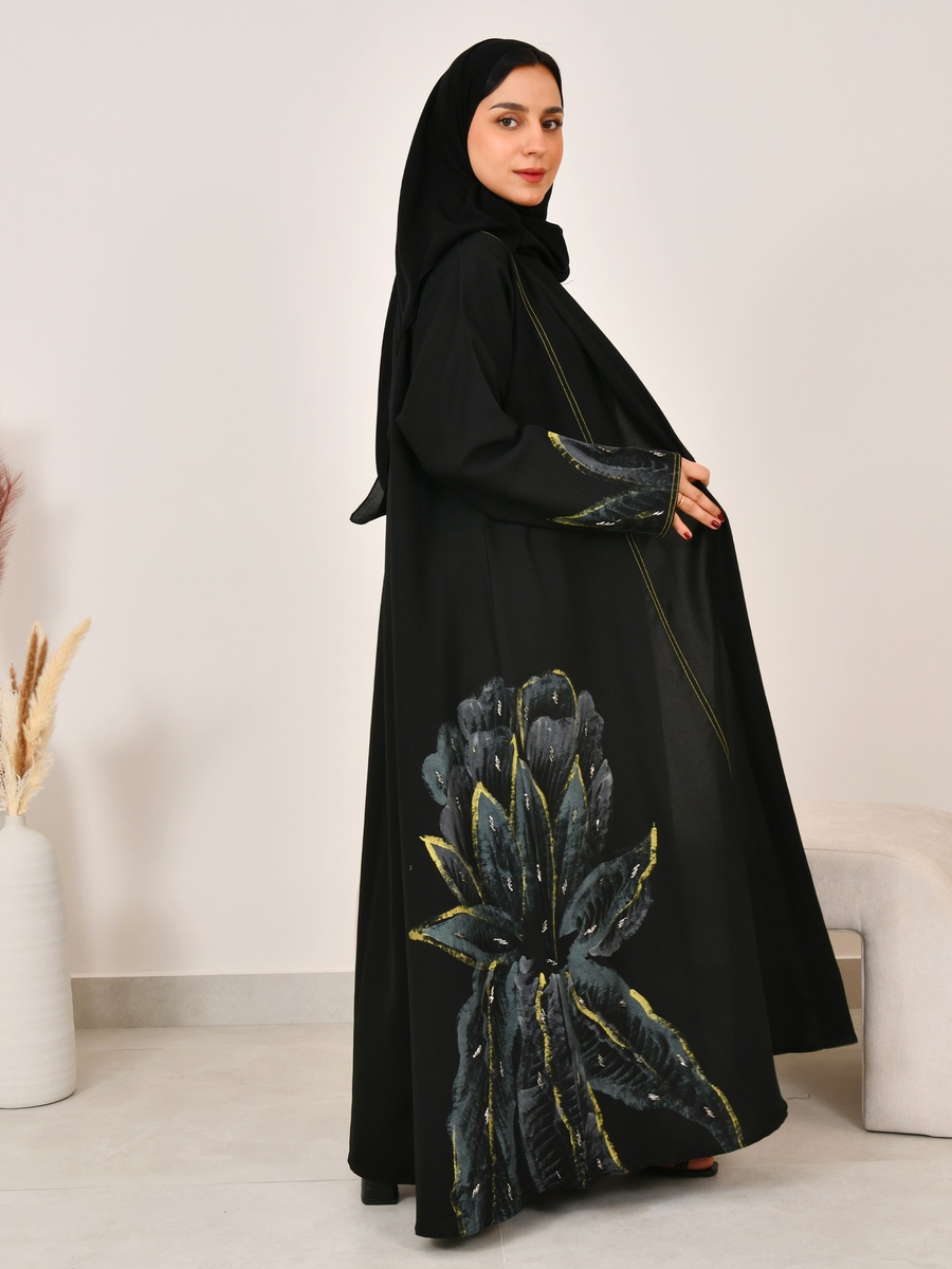 Black Floral Print Abaya