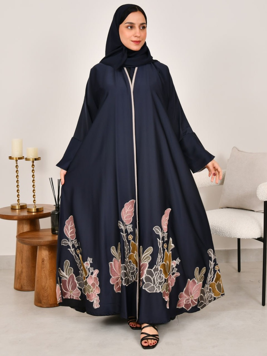 Navy Blue Floral Embroidery Abaya