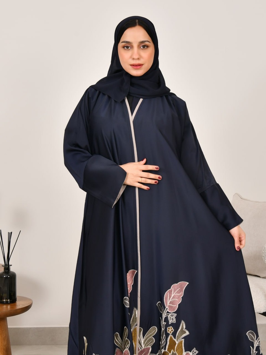 Navy Blue Floral Embroidery Abaya
